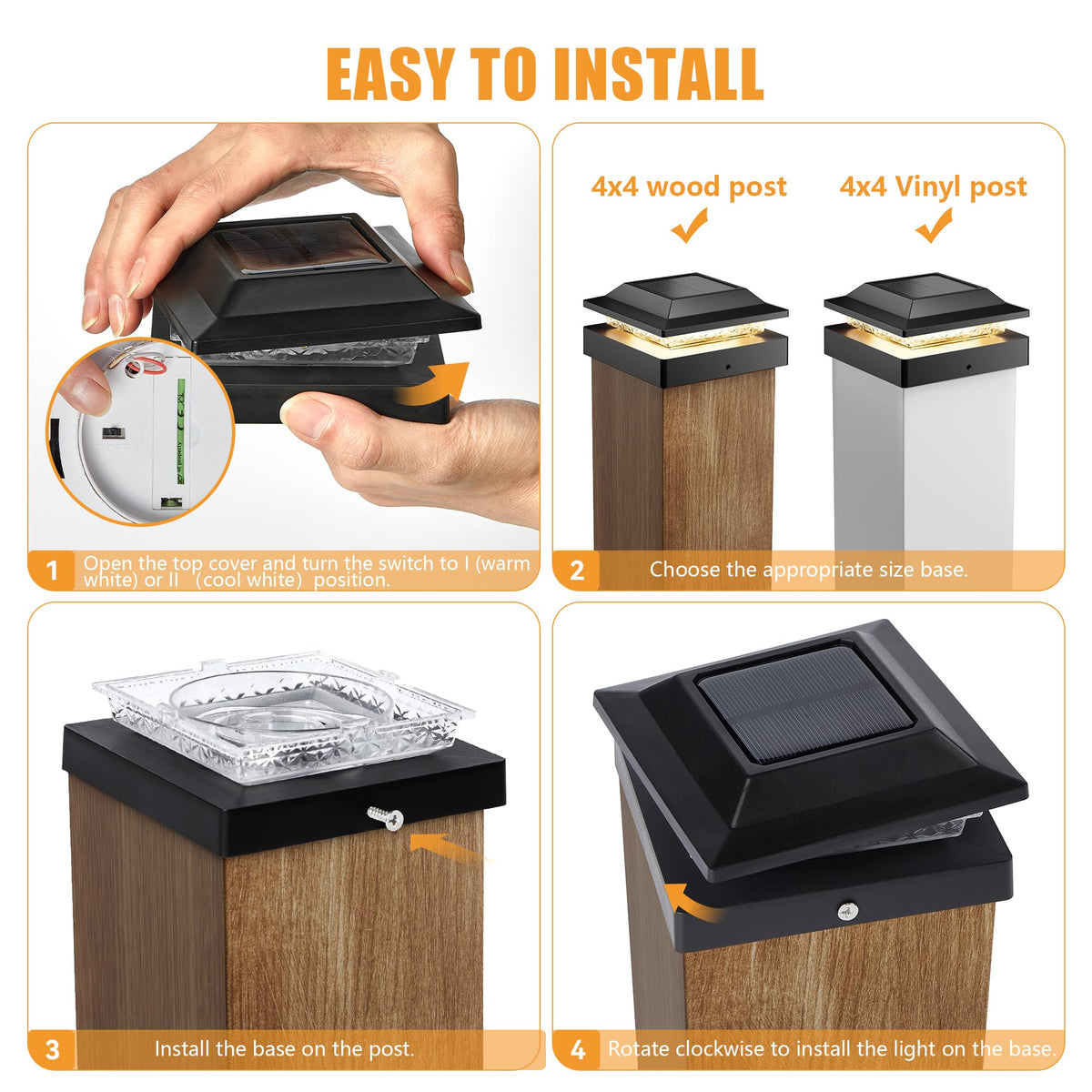 4x4 Solar Post Cap Lights 12-Pack, 16 LED Dual Mode untuk Post Kayu/Vinil