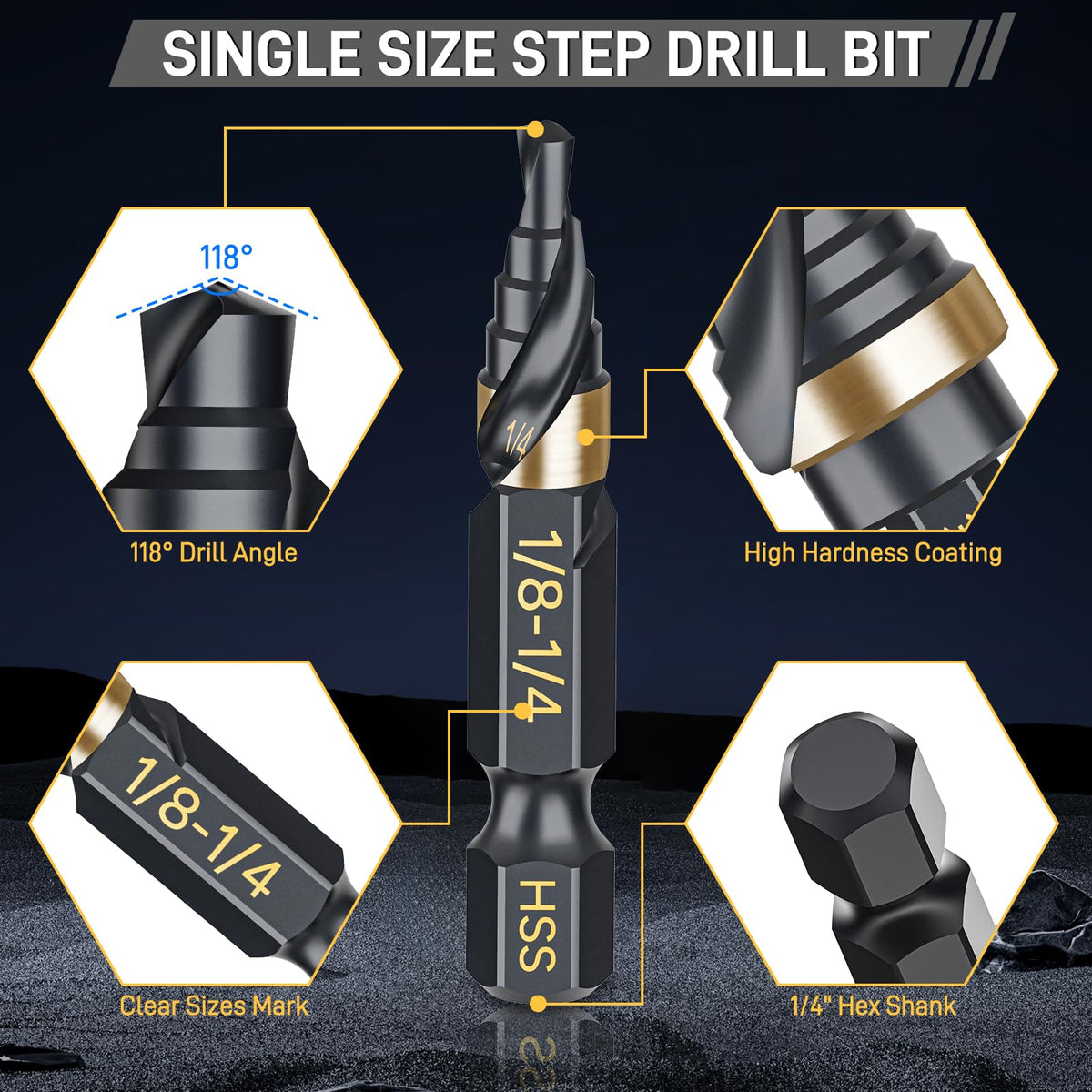 LinkMejor HSS Trinnboringbit 1/8"-1/4", Mini Unibit, 1/4" Hex Krokett Trinnbit