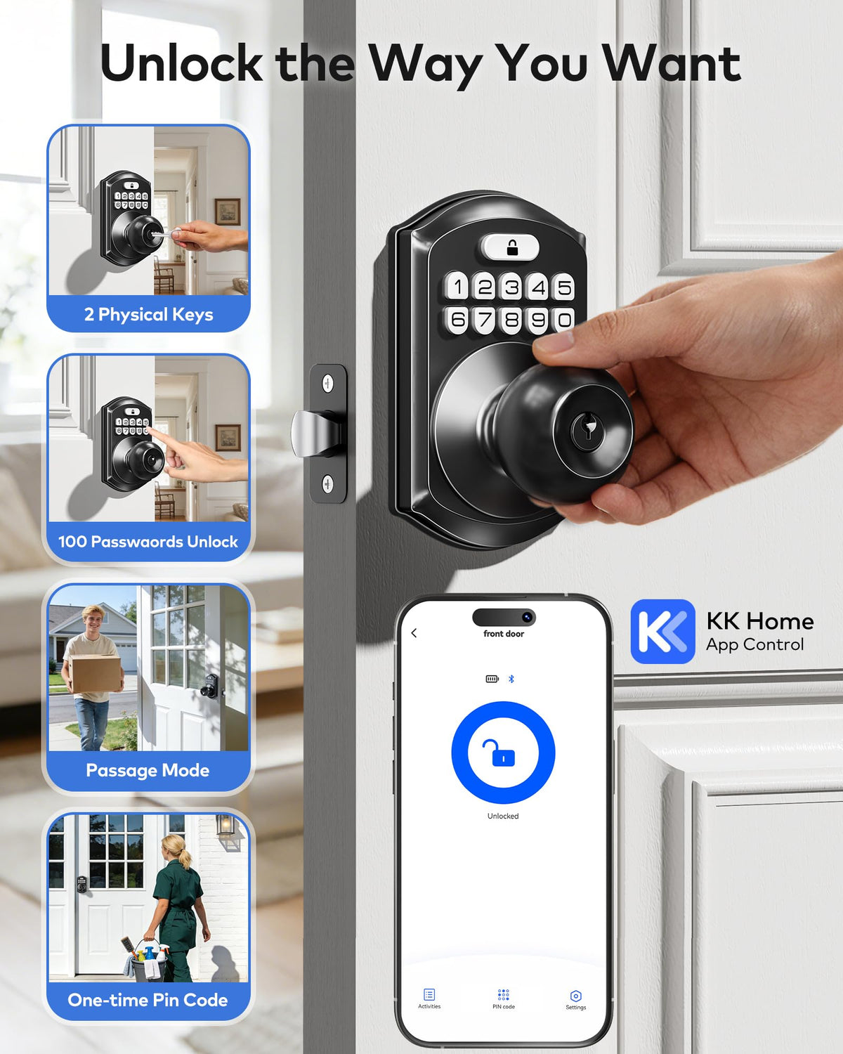 LinkMejor TE018 스마트 키패드 도어락, 핸들, 앱 제어, 매트 블랙