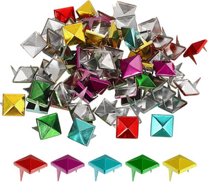 50Pcs Square Pyramid Rivets, 10mm Two-Jaw Studs Spikes, Copper Punk Rock Nailhead Spots for Clothing Bag Leather Shoes (5 Colors)