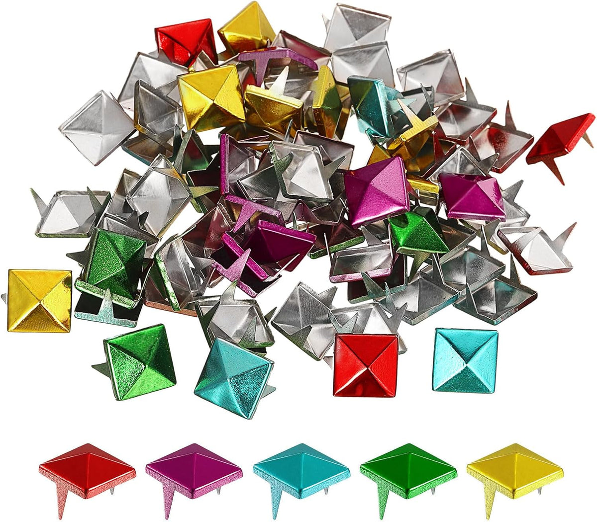 LinkMejor 100Pcs Square Pyramid Rivets, 10mm Two-Jaw Studs Spikes, Copper Punk Rock Nailhead Spots for Clothing Bag Leather Shoes (5 Colors)