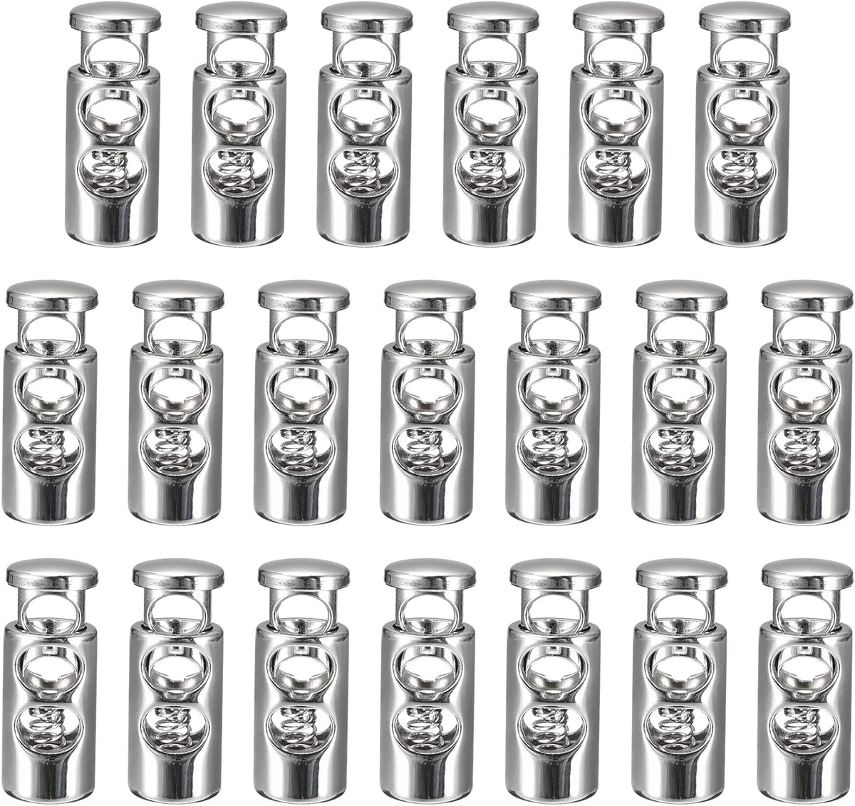 34pcs Metal Cord Locks, 3.6mm Double Hole Spring Stopper Fastener Slider Toggles End for Drawstrings Bags Backpack Clothing Lanyards, White Nickel
