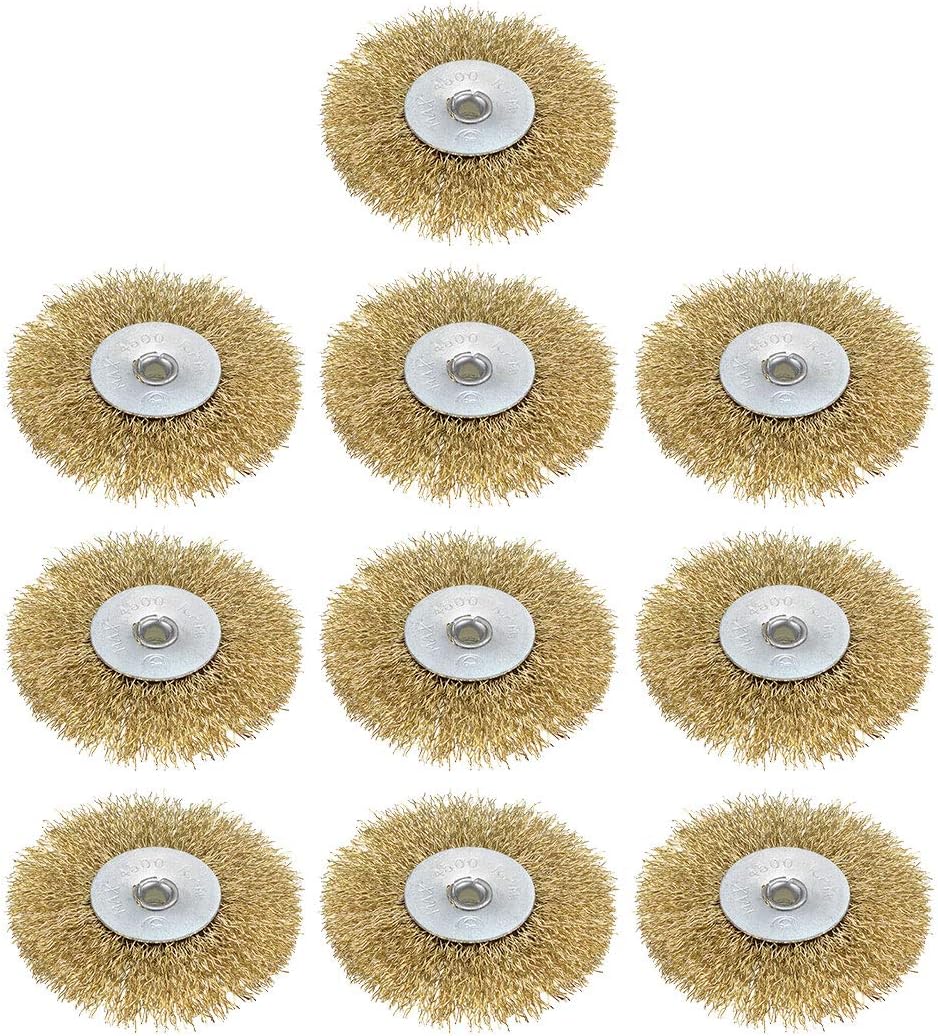 2-1/2-Inch Wire Wheel Brush Bench Brass Plated Crimped Steel with 1/4-Inch Arbor Hole 10 Pcs