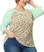 Women's Plus Size Raglan Crewneck 3/4 Sleeve Tunic Tee Shirt Floral Print T-Shirt Casual Blouses Tops
