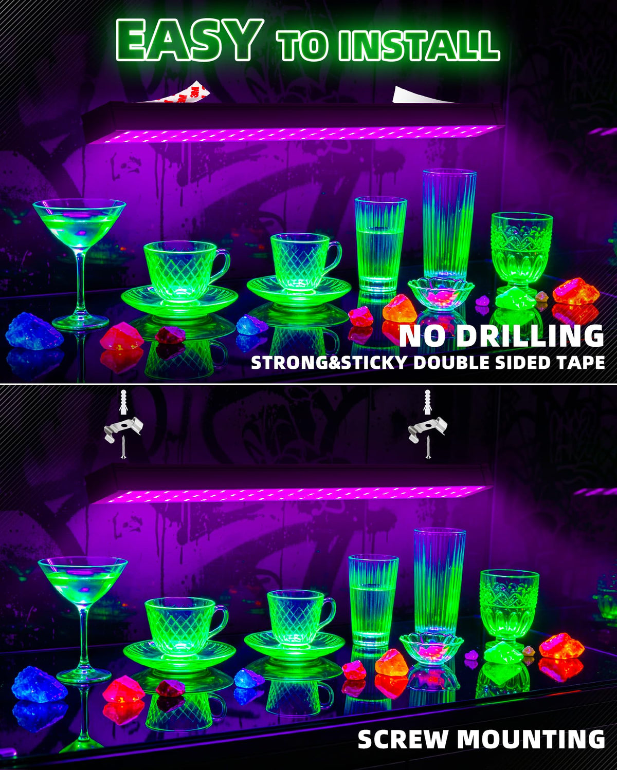 Black Light Bar 10W 1FT, USB Blacklight Strips for Uranium Glass, 2 Pack