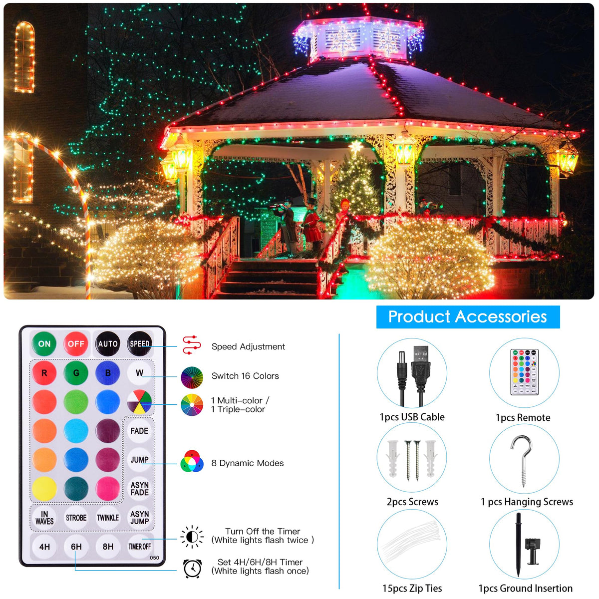 Solar String Lights Outdoor Waterproof 40Ft Color Changing with Remote