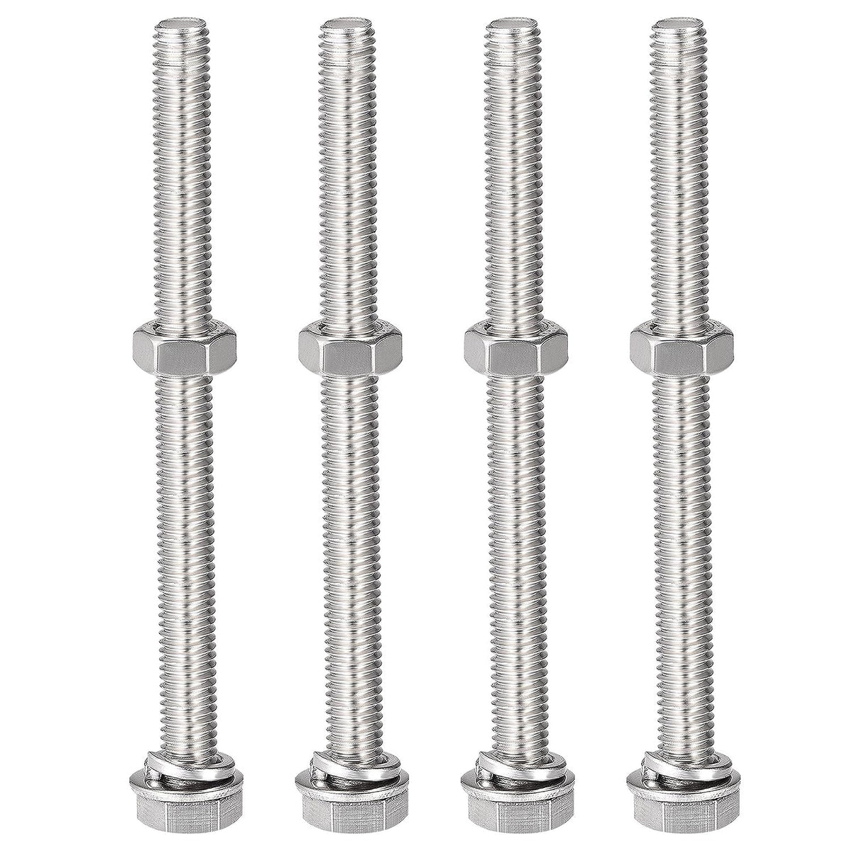 M8 x 100mm Hex Head Screws Bolts, Nuts, Flat & Lock Washers Kits, 304 Stainless Steel Fully Thread Hexagon Bolts 4 Sets