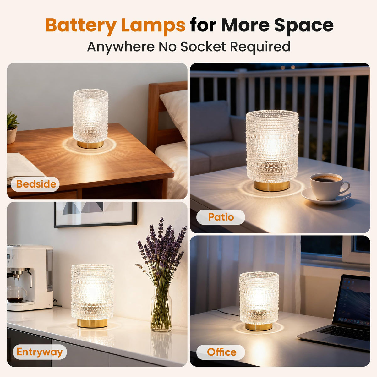 Lampa na baterie z zegarem, bezprzewodowe lampy stołowe z żarówką LED ciepłego światła