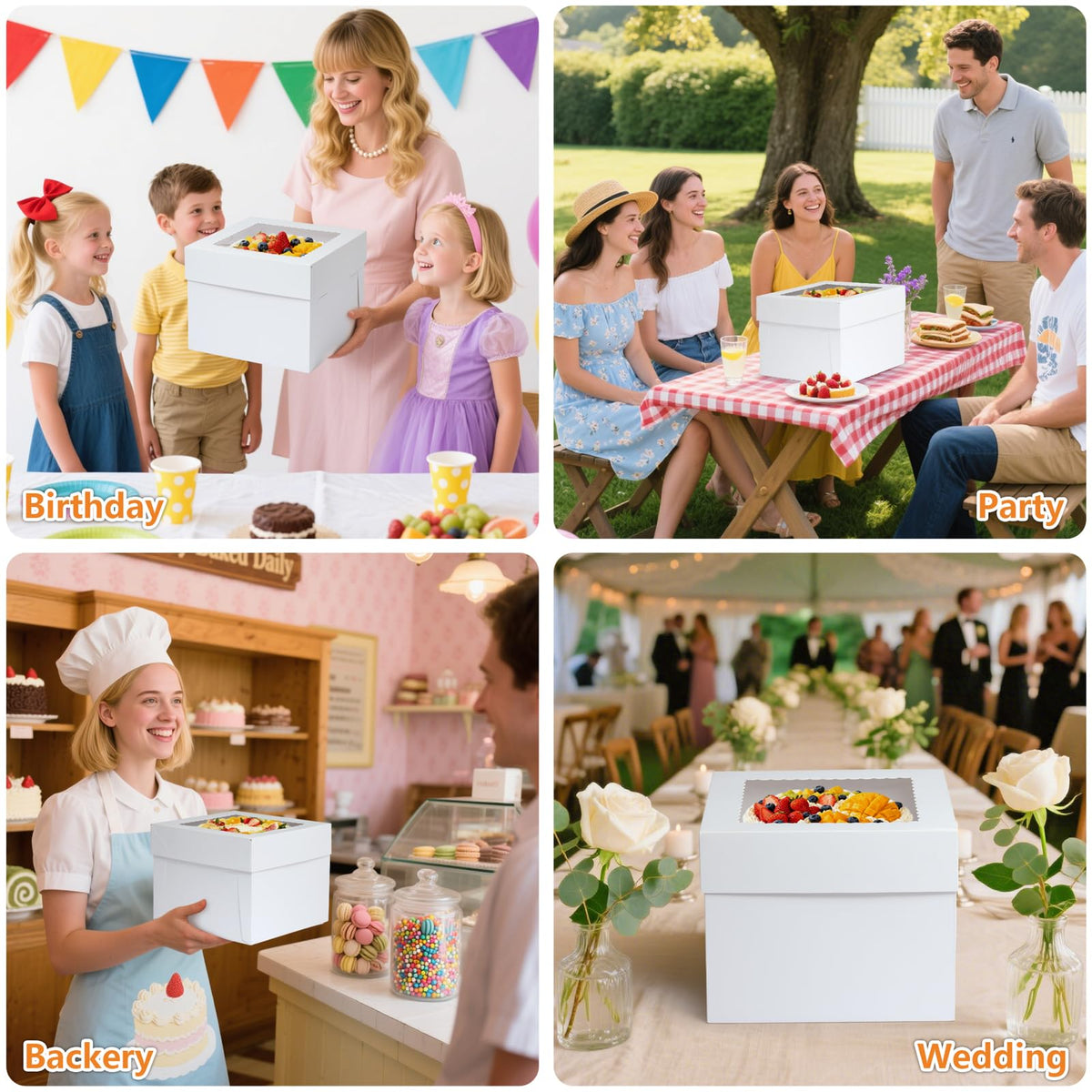 LinkMejor 20 Packs Cake Box 8 inch with Cake Board and Clear Windows (10 Pcs Box + 10 Pcs Board) Disposable Cake Containers Bakery Take Out Container Cake Carrier for Cookies Pies (8x8x8inch)