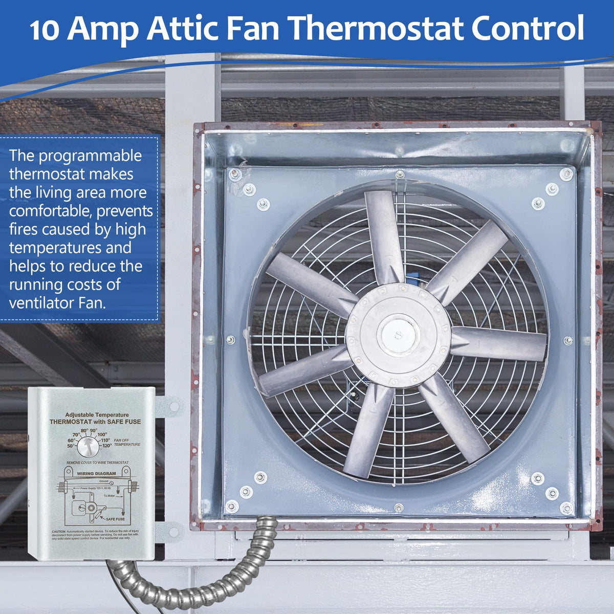 Attic Fan Thermostat Control with Adjustable Temperature Dial, Silver
