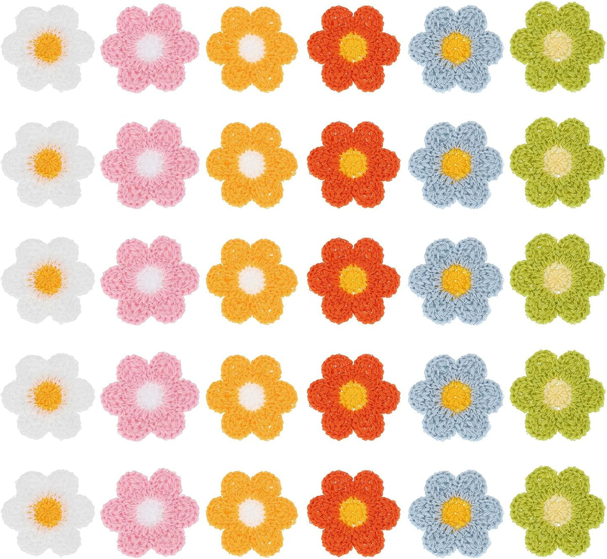 30 Pcs Flower Sew on Patches, 35 x 35mm Crochet Flower Applique Repair Embroidered Knitted Patches Transfer Appliques for Clothing DIY Decorations, 6 Colors