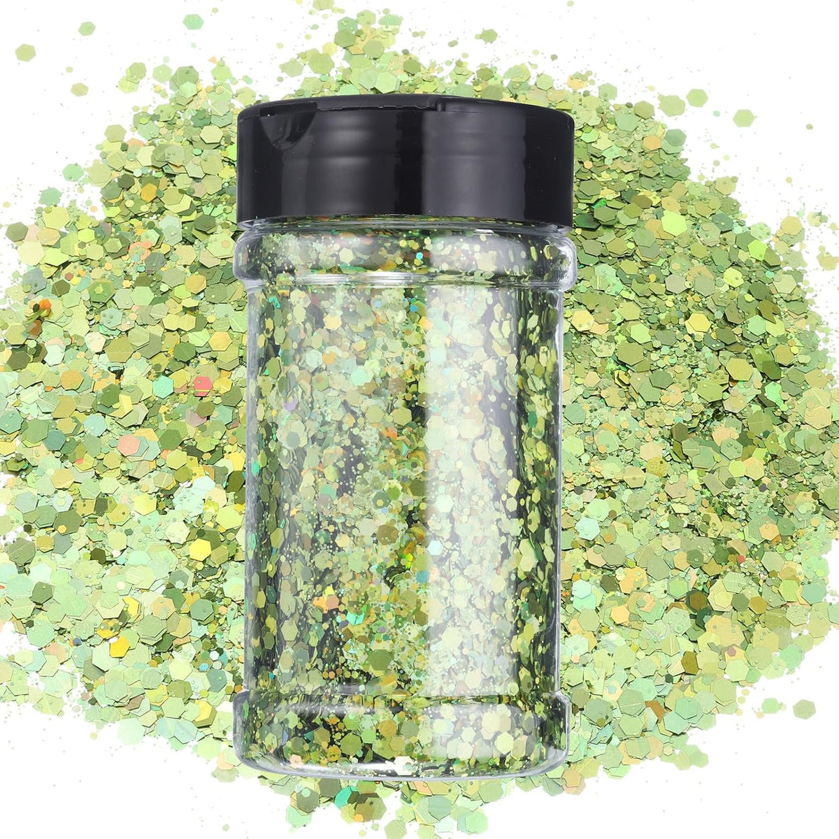 Holographic Chunky Glitters, 3.5oz/100g Light Green Holographic Glitters Powder Mixed Chunky & Fine Flakes Iridescent Sequins for Nail, Hair