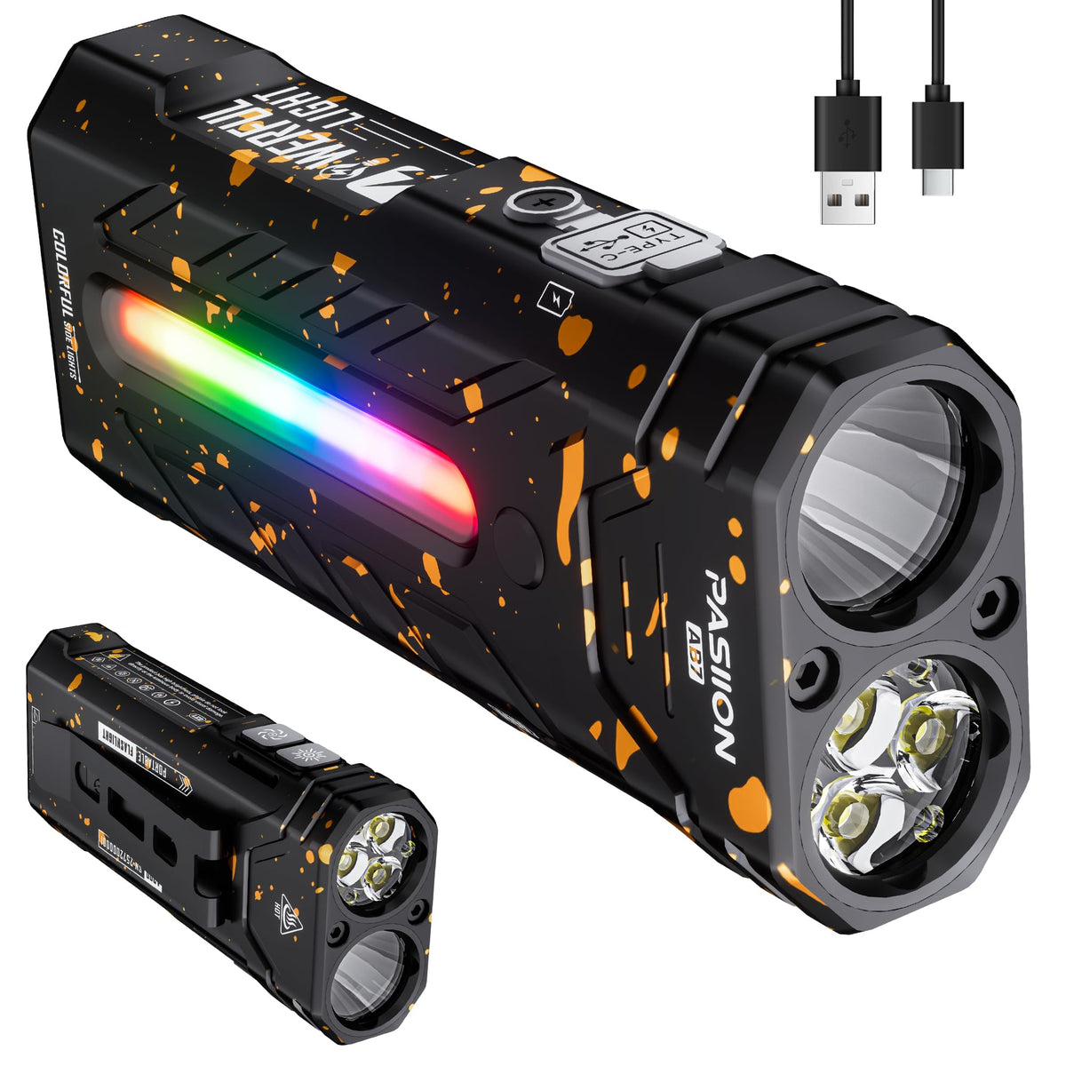 Opladbar EDC Flad Taslætte, 3250 Lumen, RGB Lys, 55 Modi, USB-C