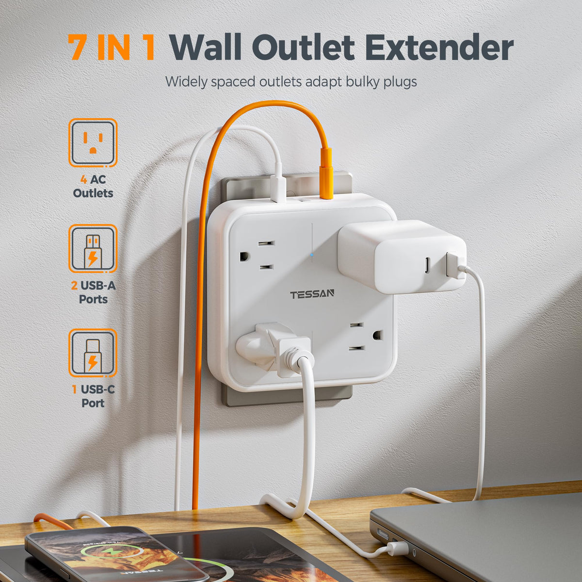 LinkMejor Multi Plug Outlet Extender, Zasilacz Ochronny Z Wejściem 3 USB (1 USB C)