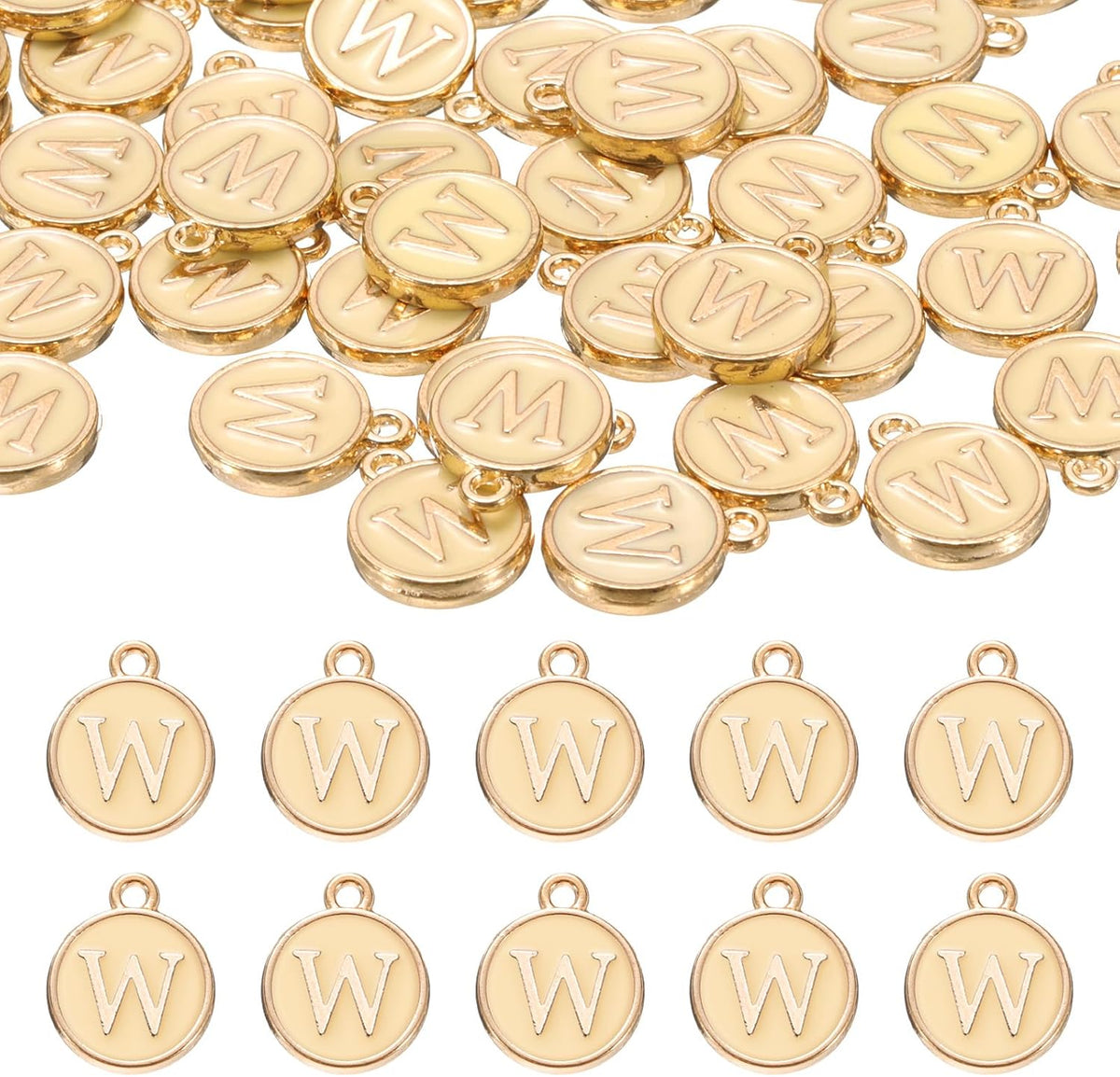 LinkMejor 52pcs Letter Charm, Enamel Letter Pendants, Alphabet W Pendants Double Sided Beads Charm for DIY Bracelet Necklace Pendants Earring Jewelry, Champagne Gold