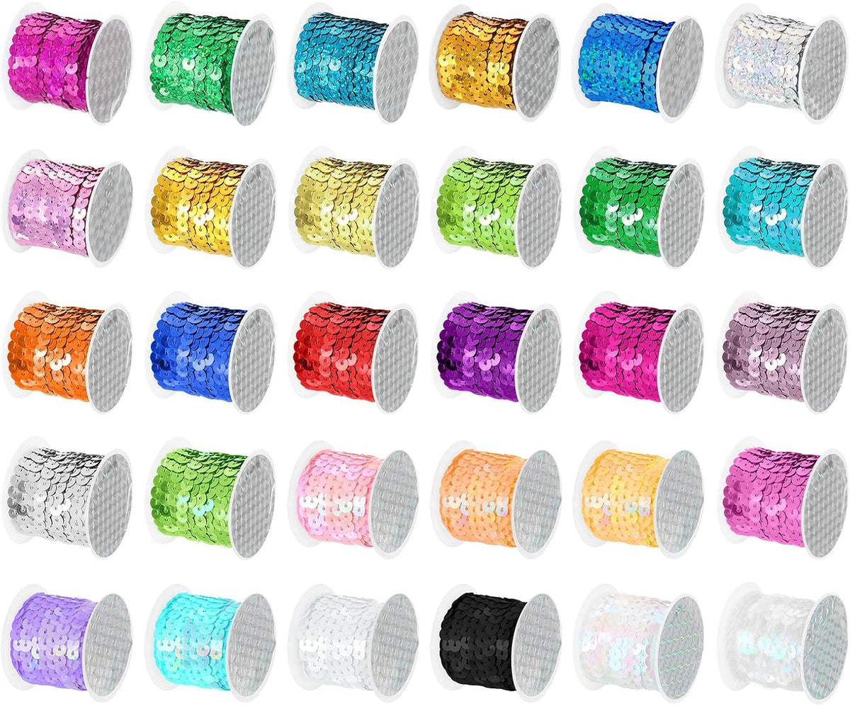 LinkMejor 30 Colors 150Yds Flat Sequins Strip, 6mm Spangle Paillette String Spool Roll Sewing String Ribbon for Fringe Sewing DIY Projects