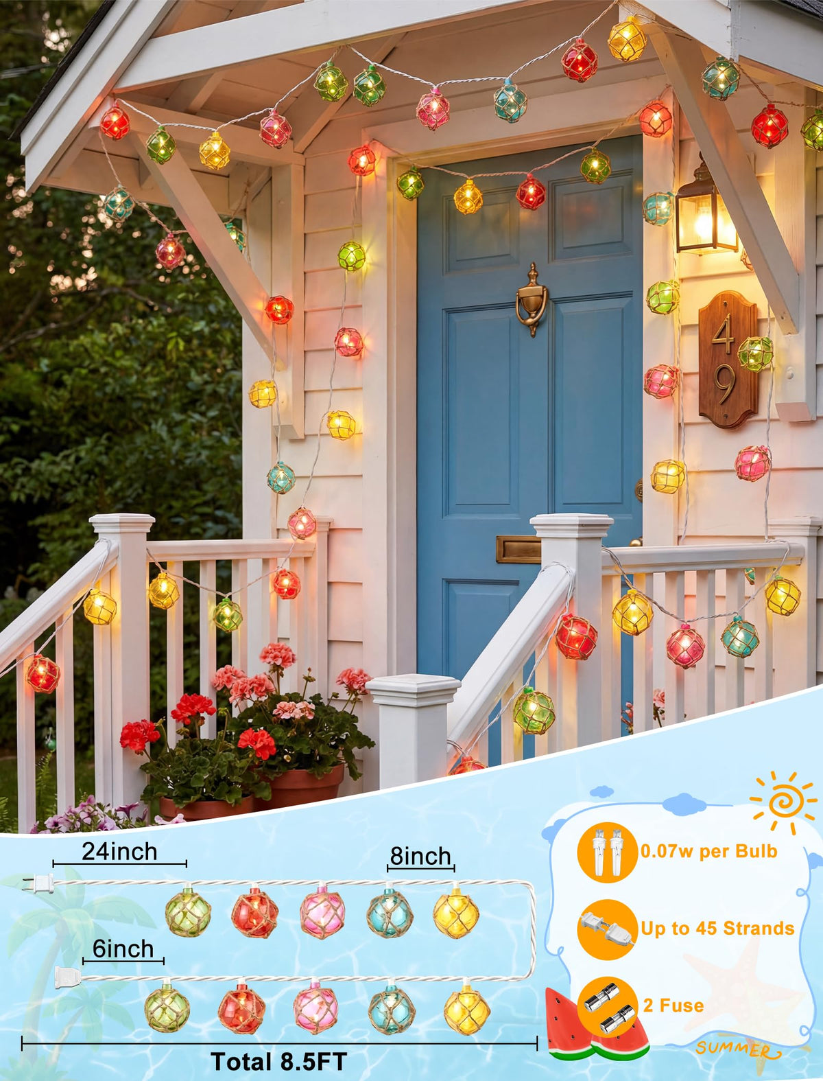 LinkMejor 8.5FT LED Tiki Bar String Lights, 10 Multicolor Patio Lights Plug in