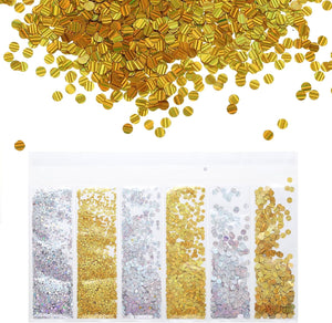 Holographic Chunky Glitters, 6 Colour Chunky Glitters Resin Epoxy Accessories Crafts Sequins Decor, Circle Glitters Flakes for Hair Nail Art, Sparkle at Party, Gold, Silver