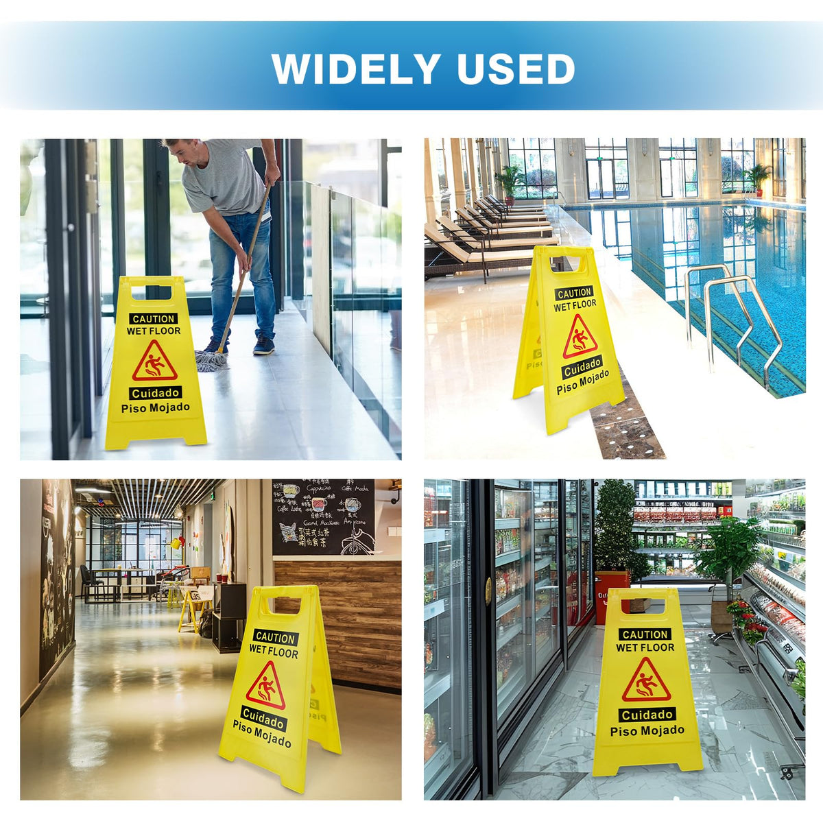 4-Pack Caution Wet Floor Sign, 17.5" Height, Bright Yellow, Double-Sided A-Shaped Frame Design, Bilingual Caution Message