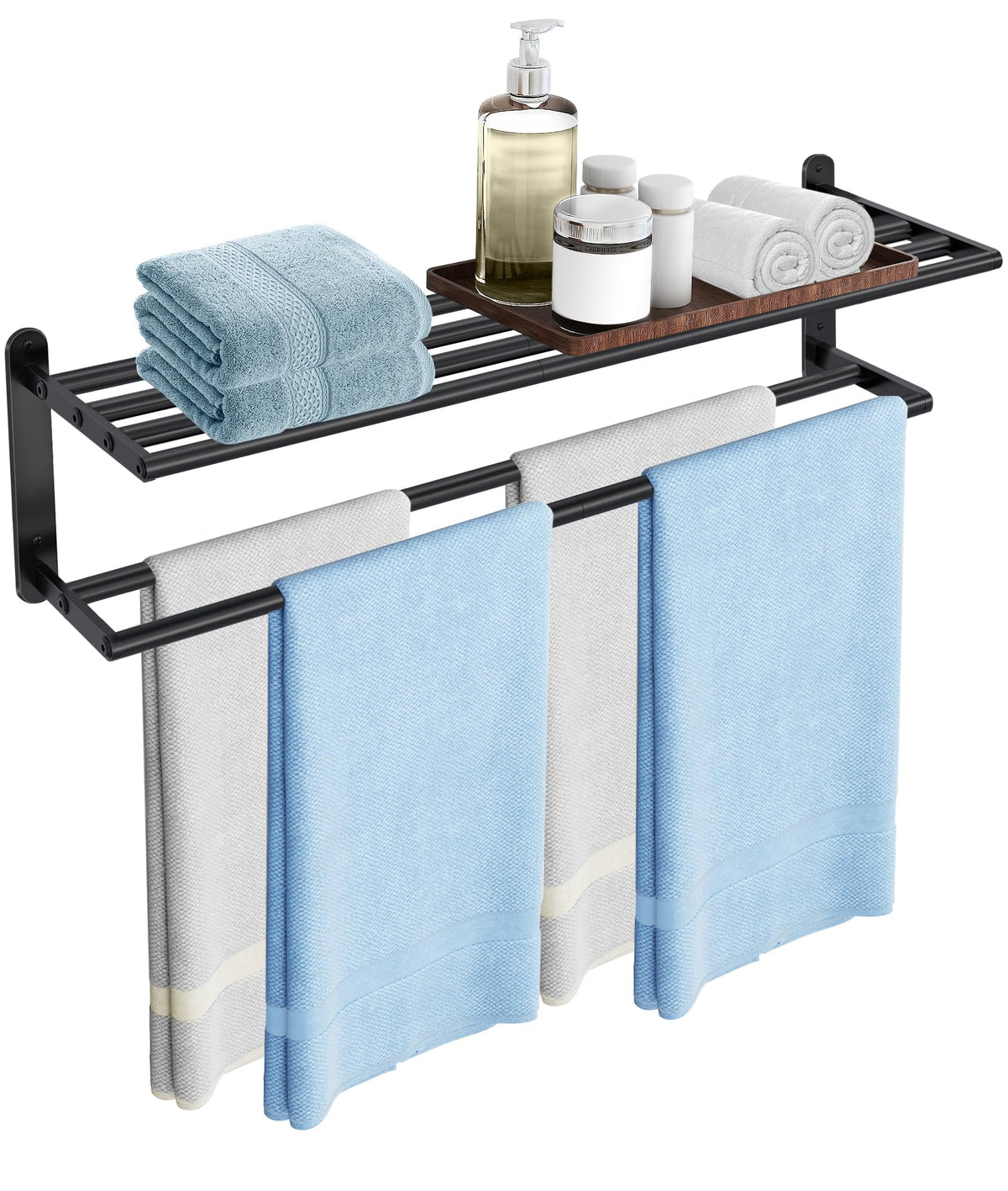 Double Towel Racks for Bathroom, Towel Shelf with Double Towel Bar 32 inch, Towel Rack with Shelf for Bathroom, Stainless Steel Towel Holder Wall Mounted, Towel Storage for Bathroom Lavatory Black