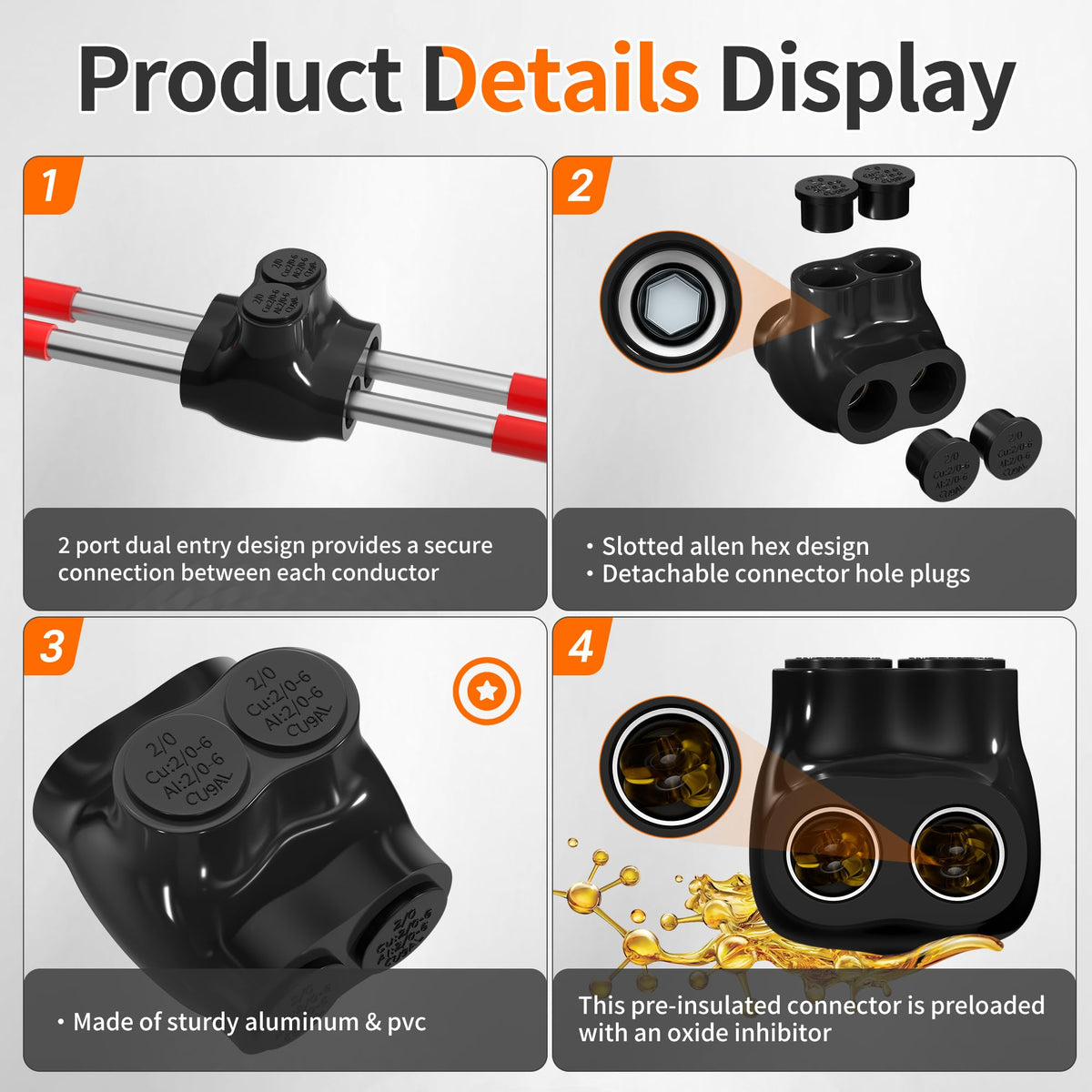 2 Port Insulated Multi Tap Connector 2/0-6 Gauge Wire Connectors Dual Entry Aluminum to Copper Wire Connectors Aluminum Wire Connector with Slotted Allen Hex - 6 Pack