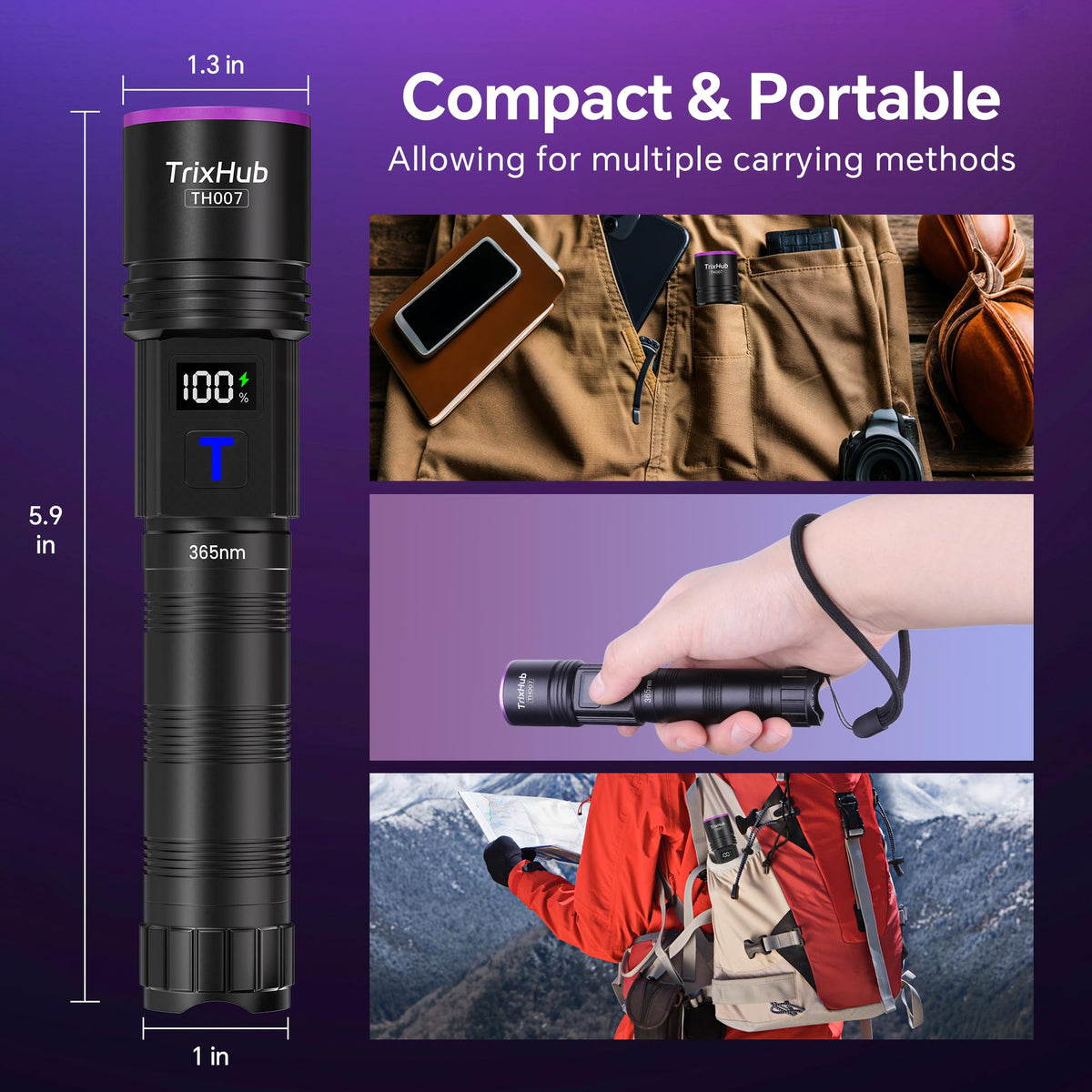 LinkMejor 365nm Flashlight Luce UV Ricaricabile con Display LCD