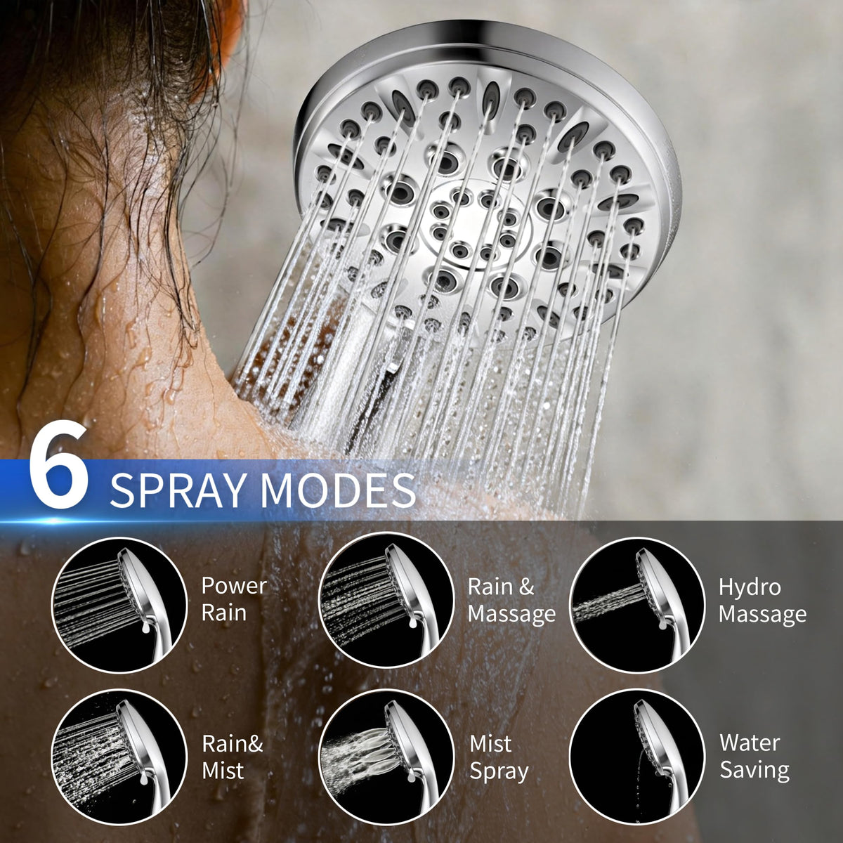 Handheld Shower Head, 6 Spray Modes High Pressure Showerhead, Chrome Finish