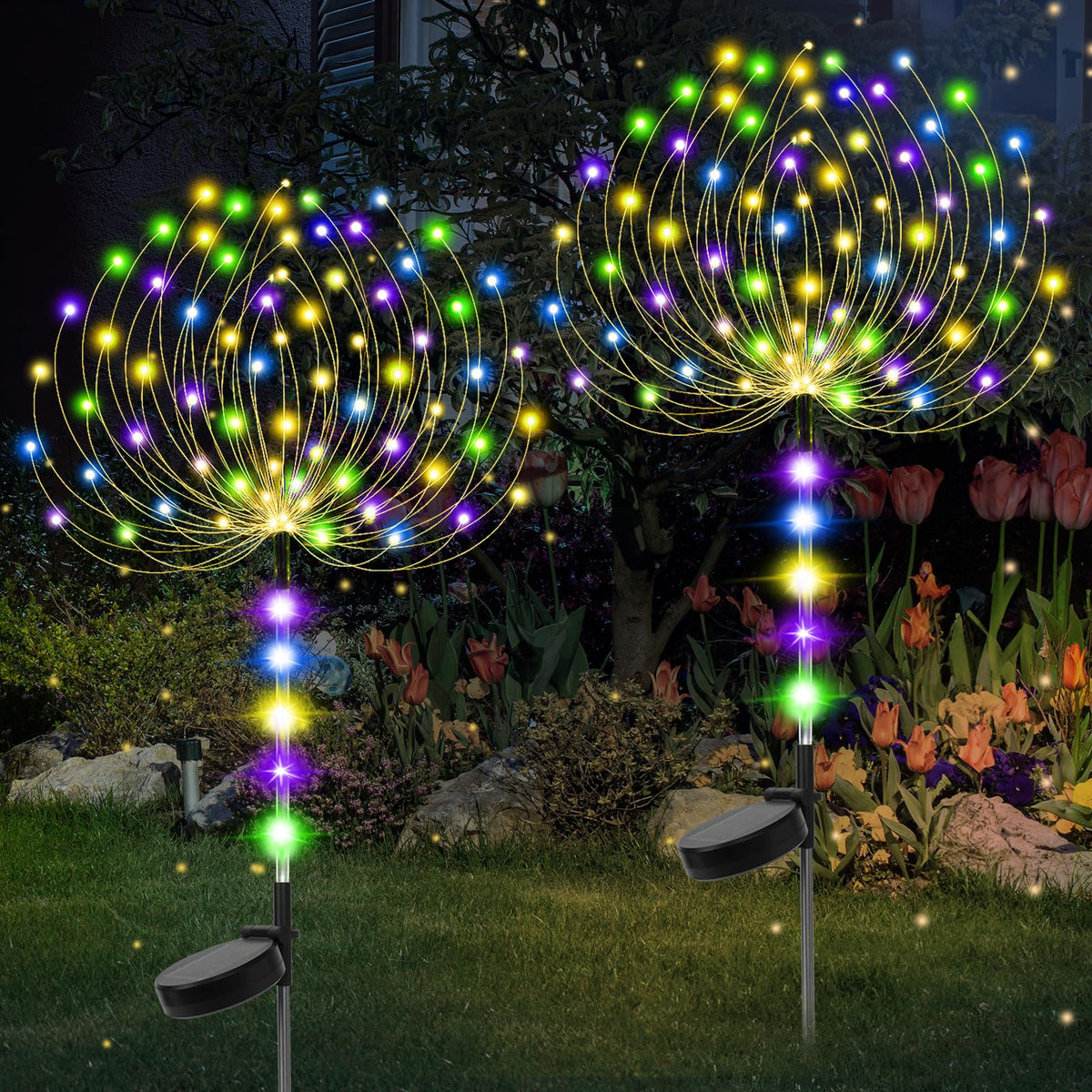 2 Pack Solar Garden Lights Outdoor, 8 Modes Firework Lights Outside
