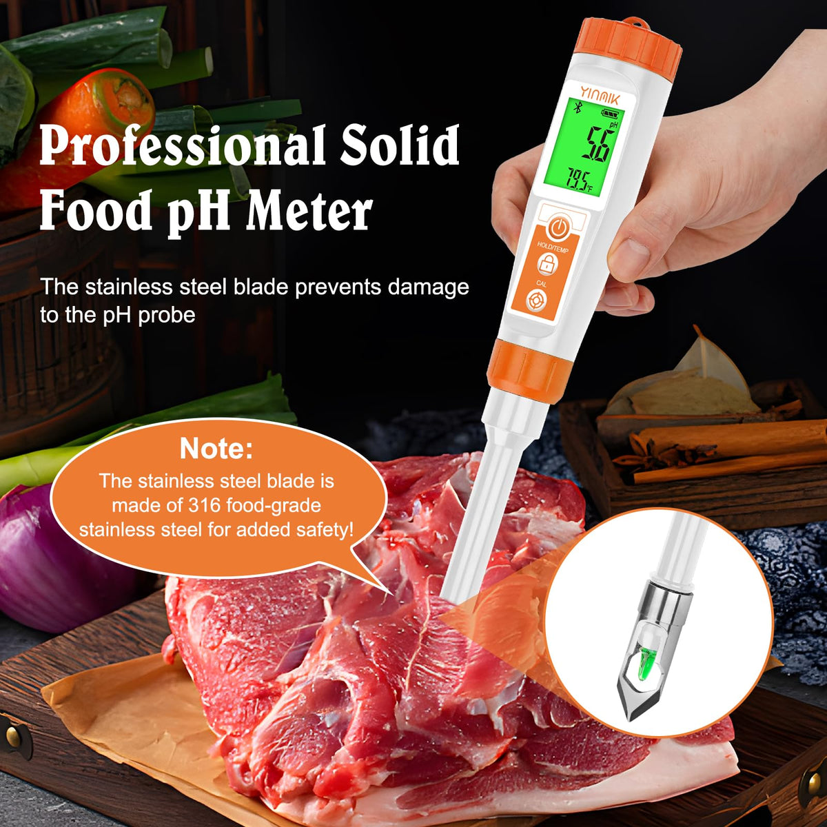 LinkMejor Smart pH Meter Fastfood pH Tester med rustfrit stål blad
