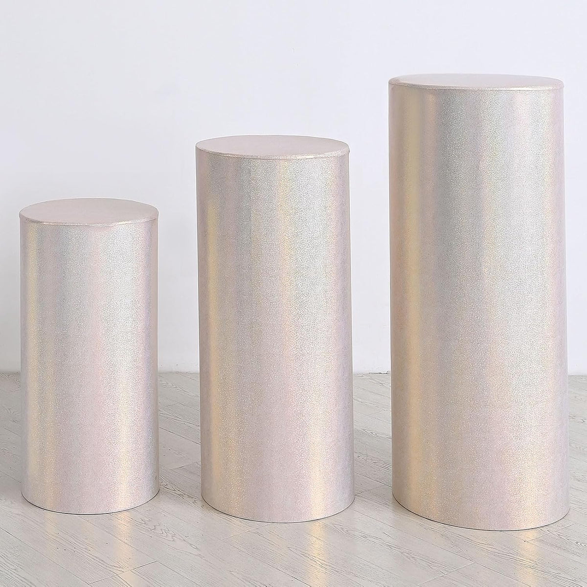 Set of 3 Champagne Cylinder Spandex Stand Covers, Plinth Stand Glitters Cover for Party Wedding Birthday Decor - Only Contains Cylinder Covers (Laser Reflective Fabric - Large)