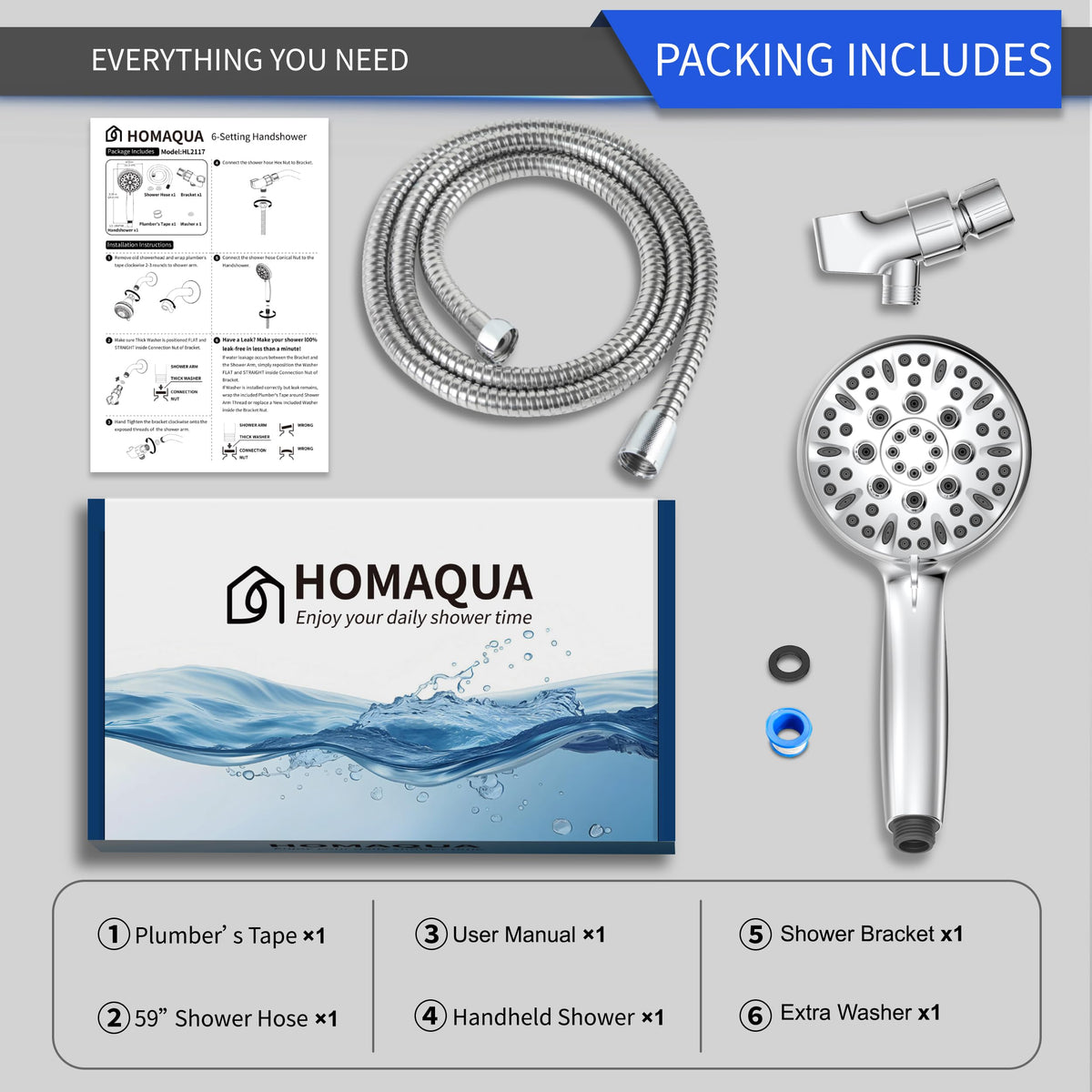 Handheld Shower Head, 6 Spray Modes High Pressure Showerhead, Chrome Finish