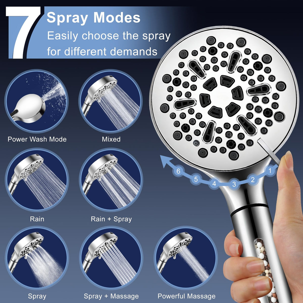 Cap de duș filtrat cu duș manual, duș cu presiune mare 7-viteze