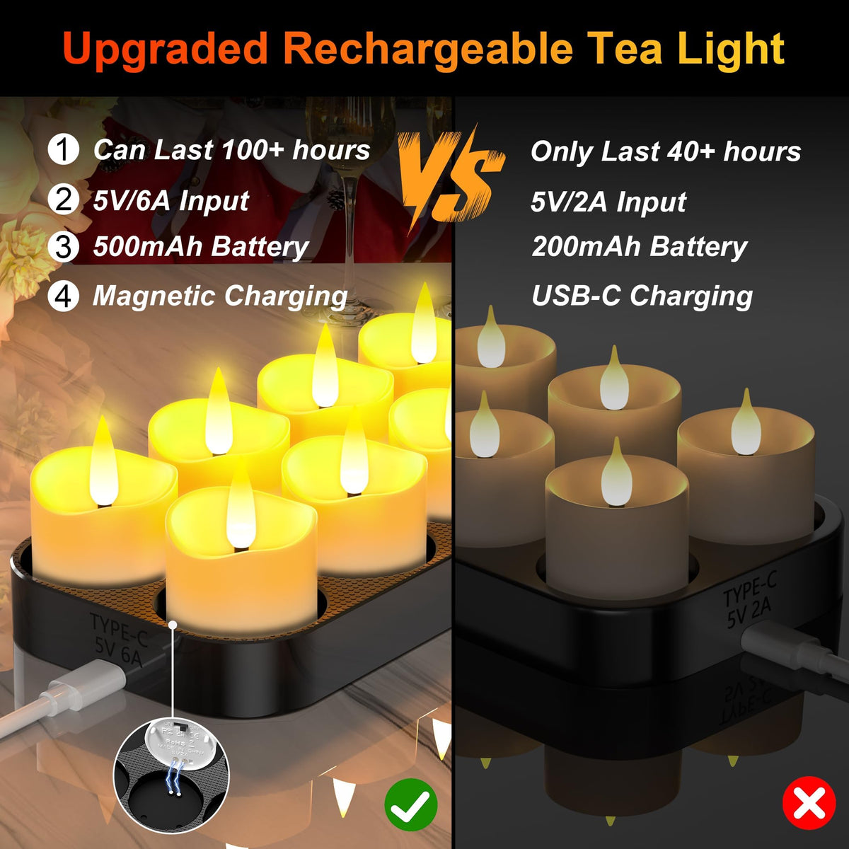 LinkMejor Luces de té recargables mejoradas con Base de Carga Magnética 12 Unidades