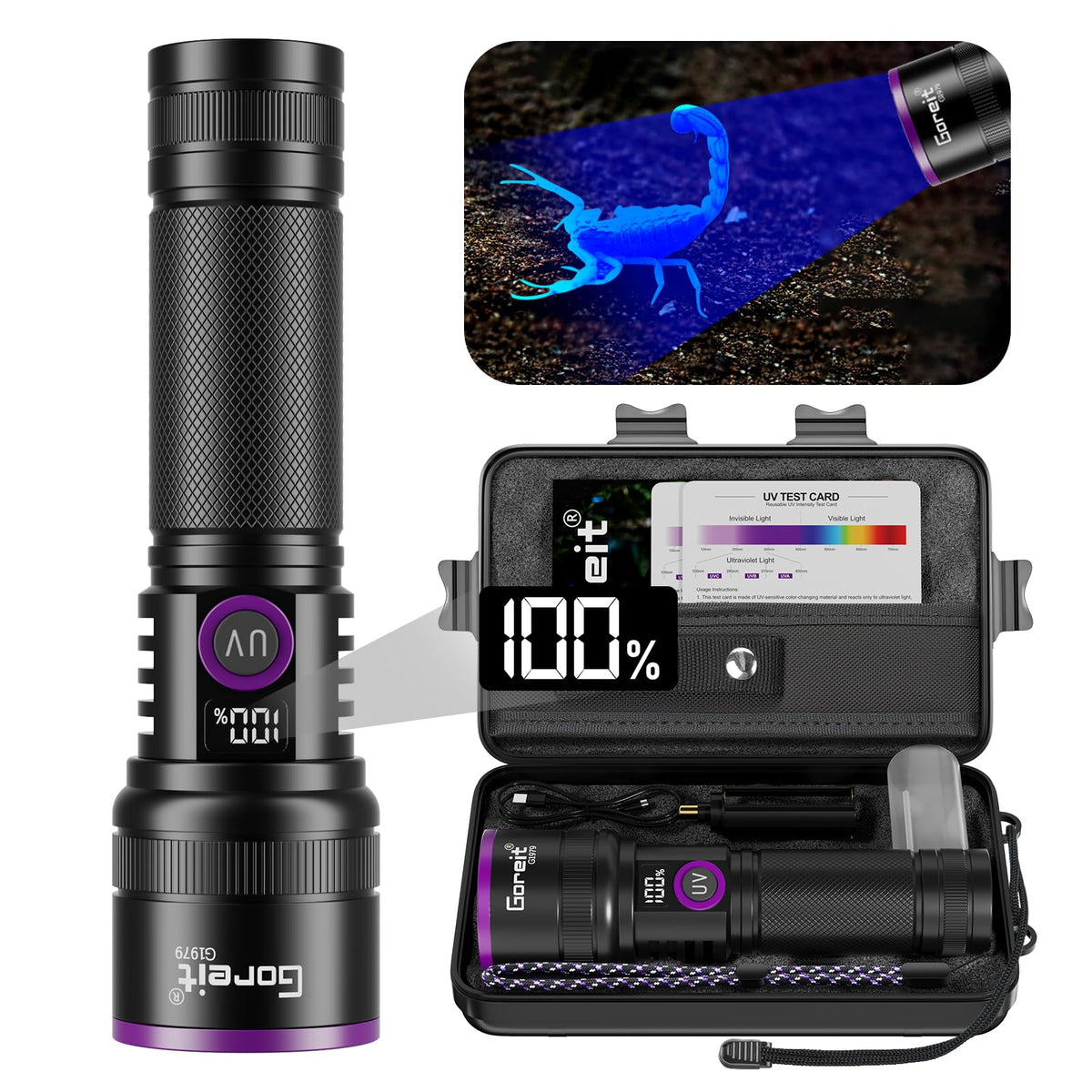 Luz UV Flashlight Recargable de 365nm con Lente de Filtro y Pantalla LCD