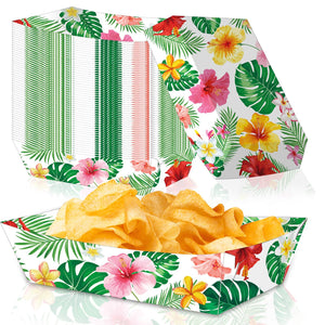 30 Pack Hawaiian Hibiscus Paper Food Trays Disposable Serving Boats Containers for Chips Nachos Popcorn Snacks, Tropical Luau Summer Beach BBQ Floral Party Supplies