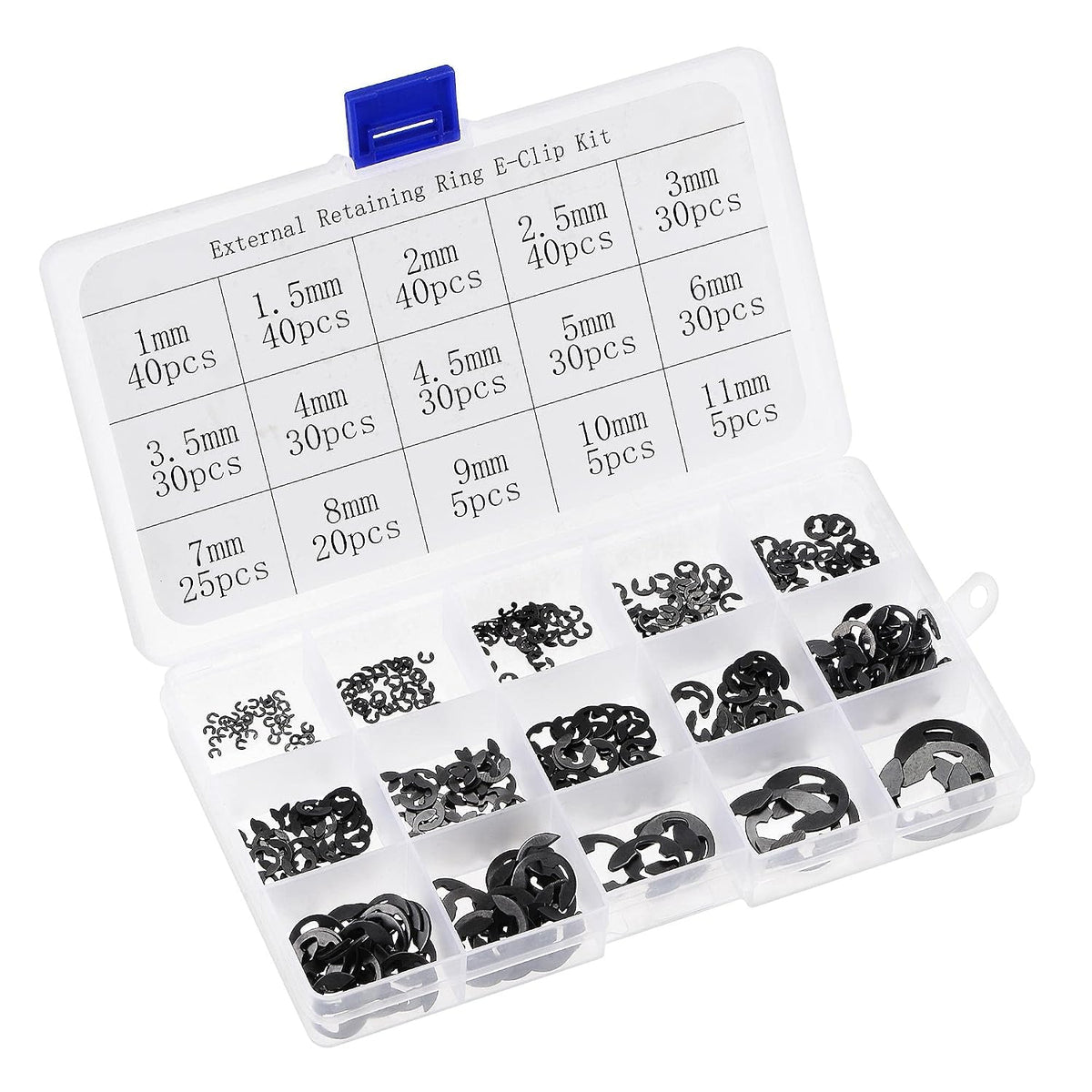E-Clip Circlip - 400Pcs 1/1.5/2/2.5/3/3.5/4/ 4.5/5/6/7/8/9/10/11mm External Retaining Shaft Snap Ring Washer Carbon Steel Black Assortment Kit
