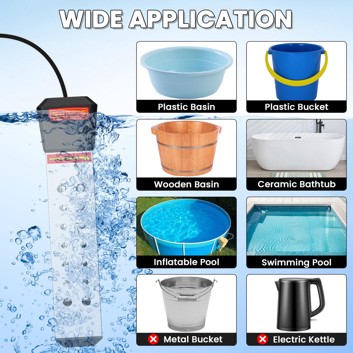 Calentador de Agua de Immersion, 2000W Calentador Portátil para Piscina