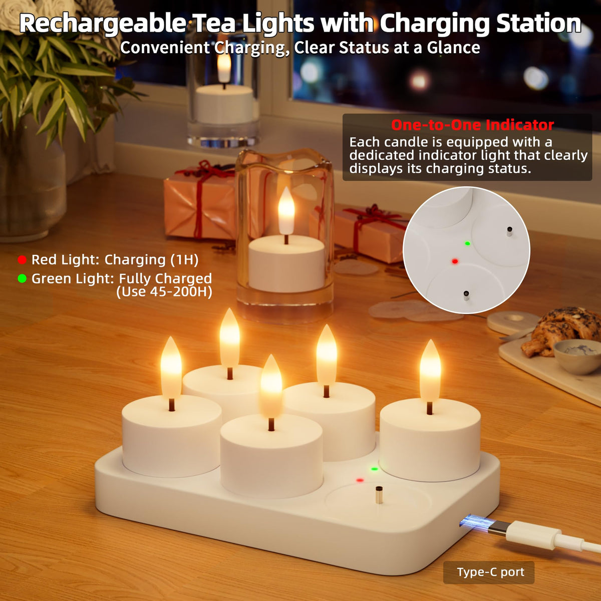 Rechargeable Flameless Tea Lights Candles with Charging Station Remote 6Pcs