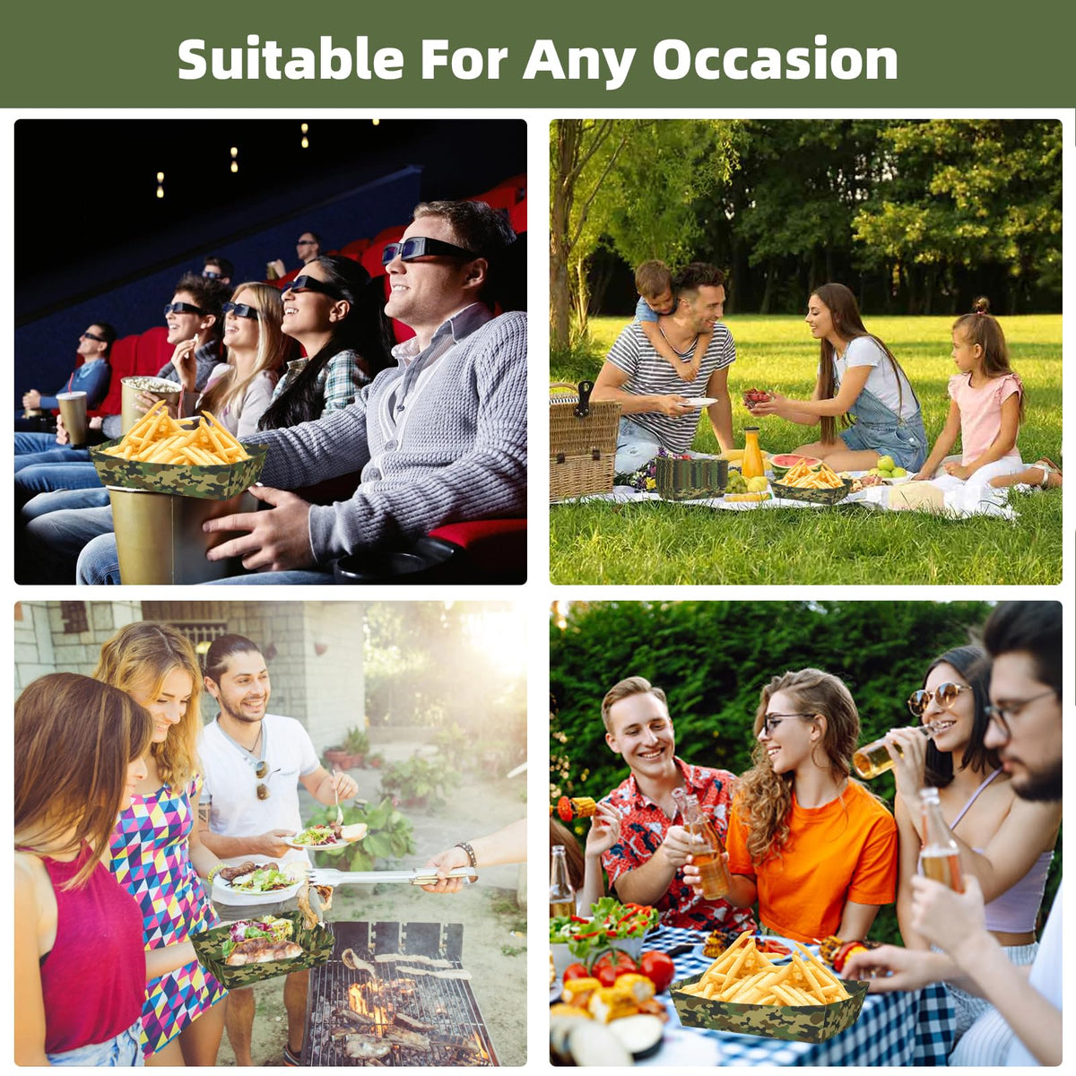 LinkMejor No Folding Required 50 Pack 2 Lb Camouflage Party Food Trays Camo Plates Birthday Party Supplies Camo Themed Nacho Food Holders Paperboard Tray Disposable Serving Trays