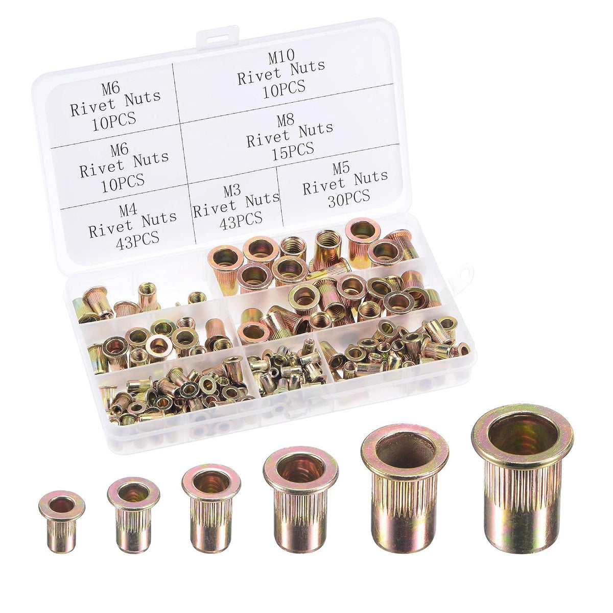 Rivet Nuts, 161pcs M3 M4 M5 M6 M8 M10 Carbon Steel Knurled Flat Head Threaded Insert Nut, Color-Zinc Plated Finish