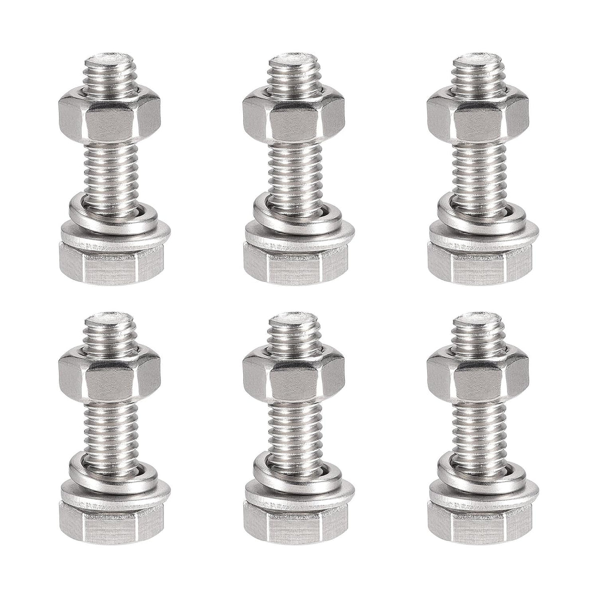 M6 x 20mm Hex Head Screws Bolts, Nuts, Flat & Lock Washers Kits, 304 Stainless Steel Fully Thread Hexagon Bolts 6 Sets