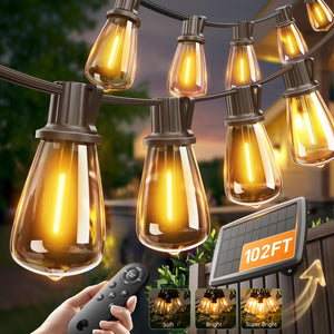 LinkMejor 102FT(96+6) Lampion Solar String Luar Ruang dengan Remote, Berlanjut 30+ Jam