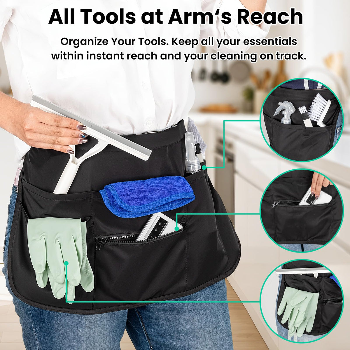 6ポケット清掃エプロン、バックル付き、 splash-proof クリーニングキャディエプロン