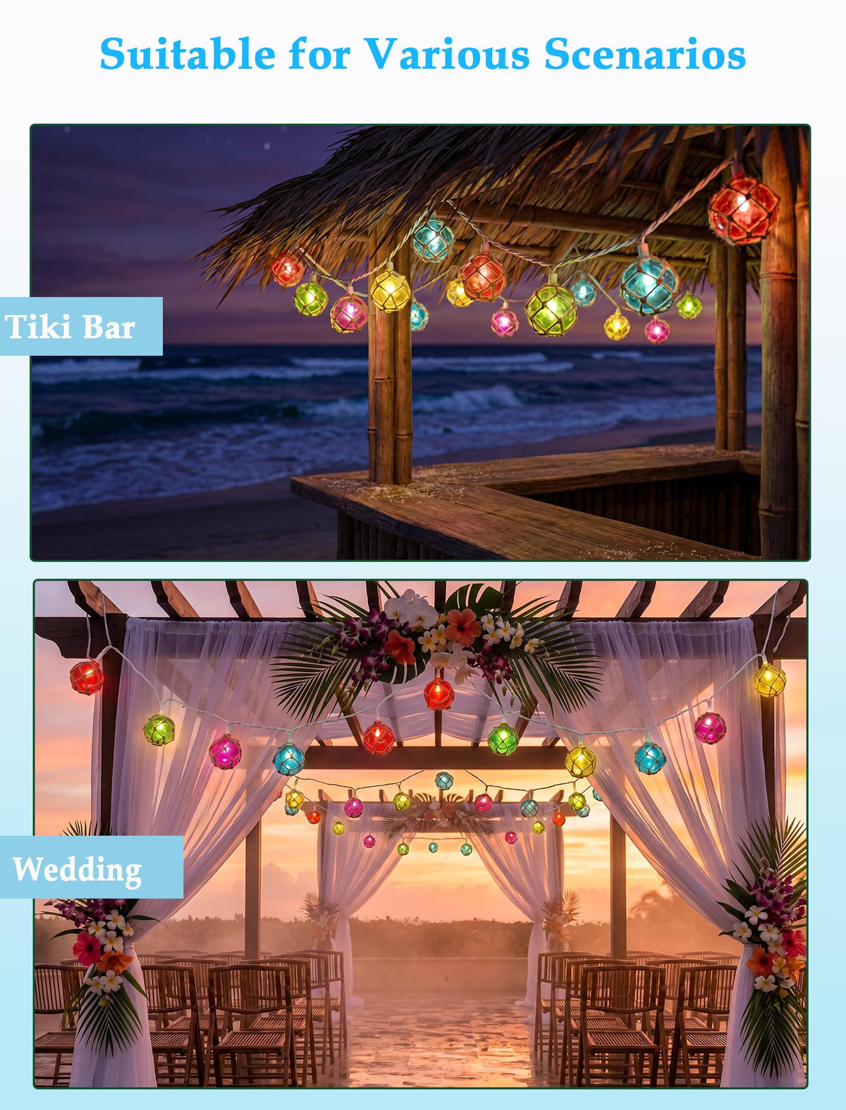 LinkMejor 8.5FT LED Tiki Bar String Lights, 10 Multicolor Patio Lights Plug in