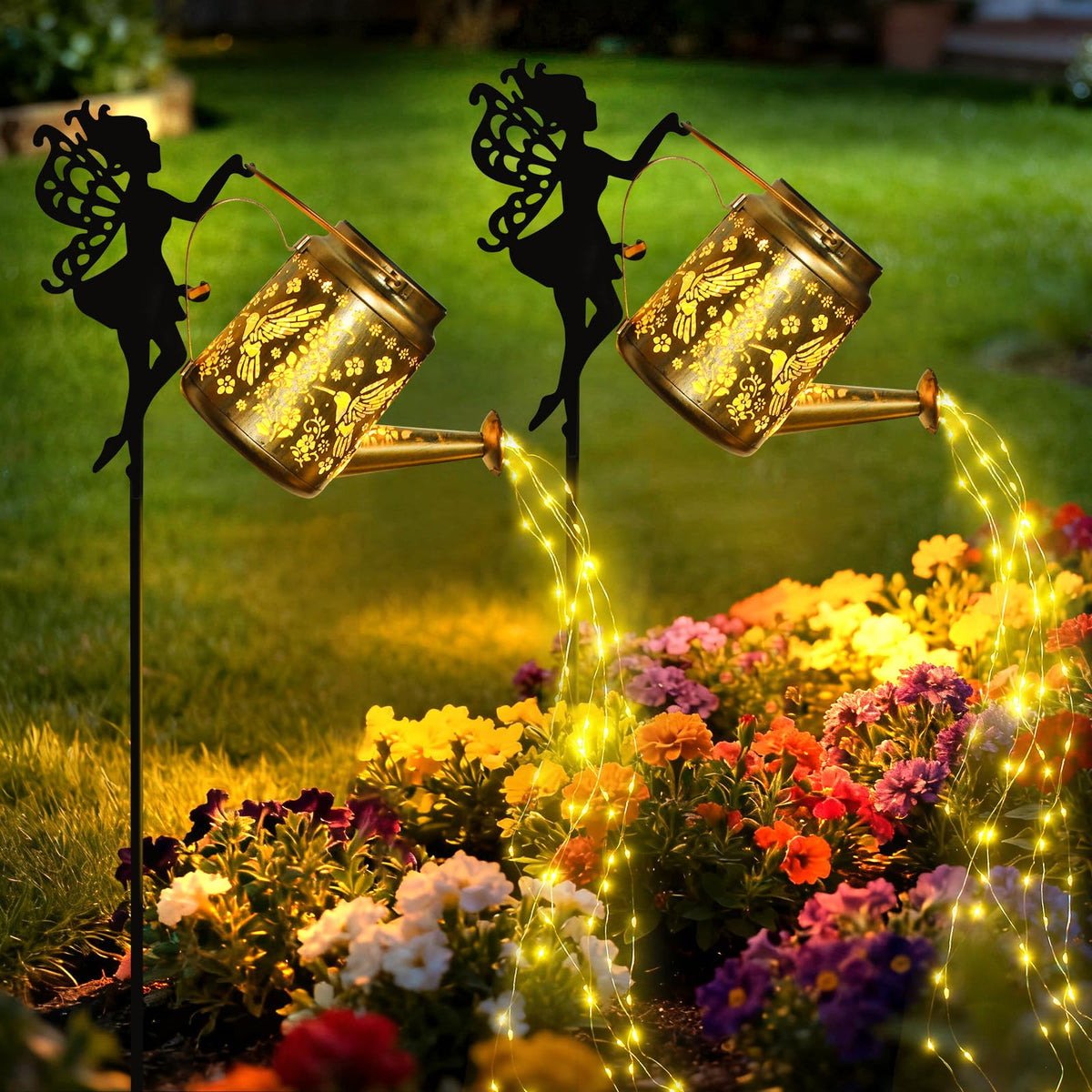 LinkMejor Solar Lights Outdoor Waterproof, Fairy Solar Garden Lights Outdoor Decoration, Hummingbird Solar Watering Can Light Gardening Gifts for Mom Grandma 2 Packs