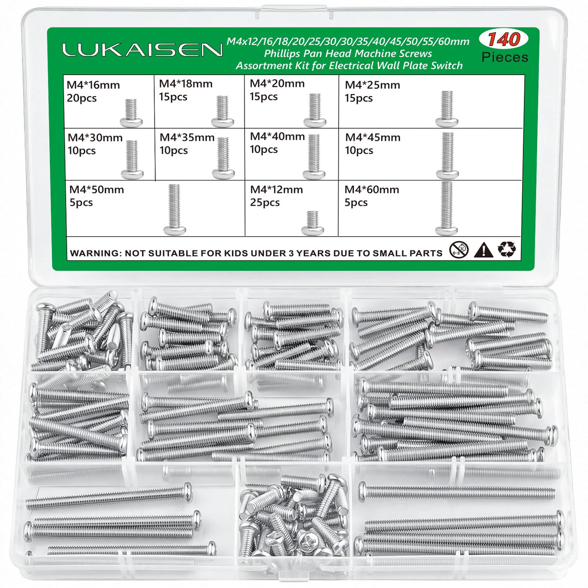 LinkMejor 140 Pcs M4 Phillips Pan Head Long Machine Screws Kit, 304 SS