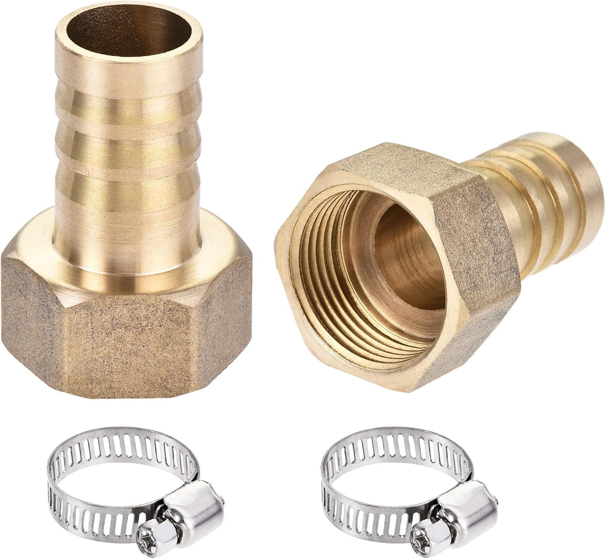 Brass Barb Hose Fitting Connector Adapter 19mm Barbed x G3/4 Female Pipe with 16-25mm Hose Clamp 2Set