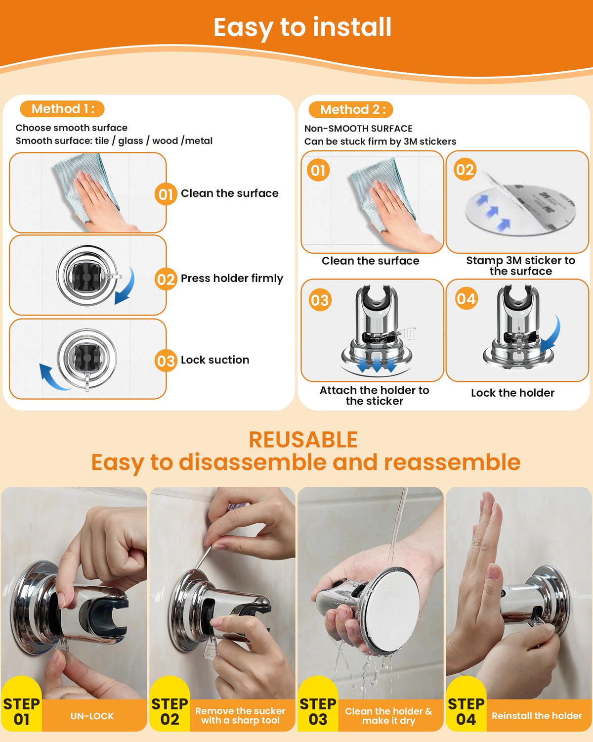 LinkMejor Suction Cup Handheld Shower Head Holder, Adjustable, No Drill