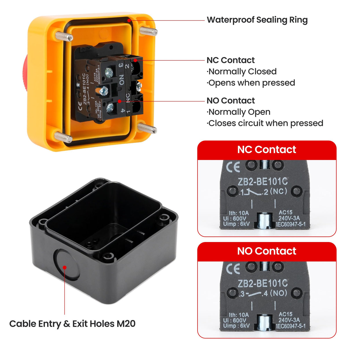 Interruptor de Presión para Parada de Emergencia LinkMejor con Caja, 660V 10A Resistente a la Intemperie