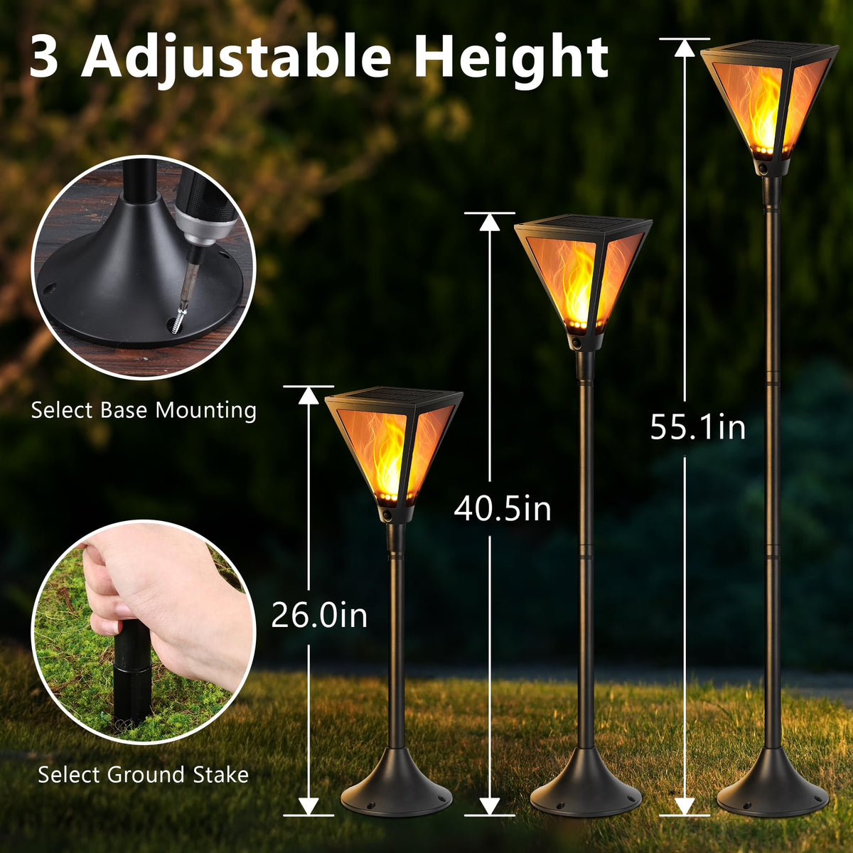 LinkMejor 2 Pack 55in Solar Flame Post Lights Outdoor Landscape Pathway Lamp